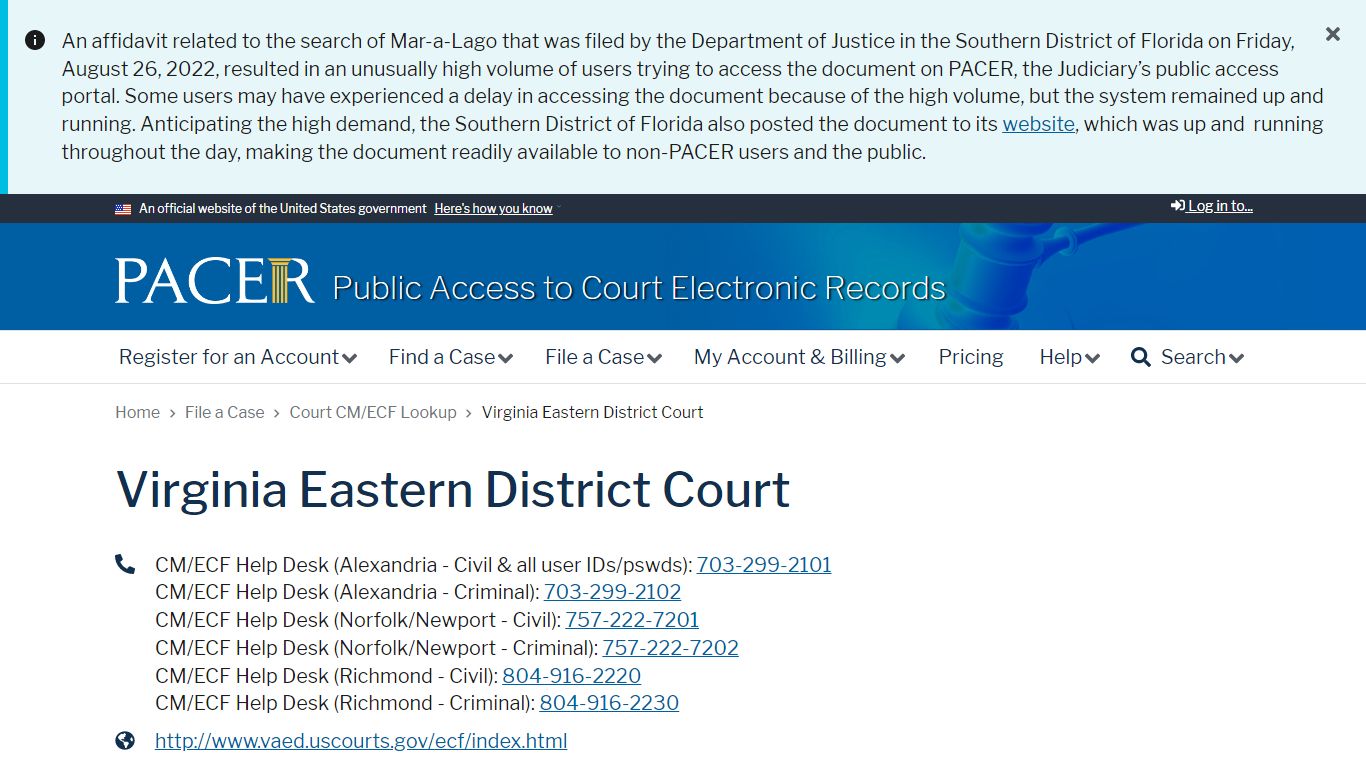 Virginia Eastern District Court | PACER: Federal Court Records